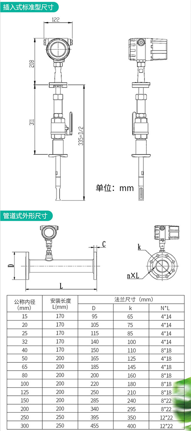 分體式熱式氣體質量流量計外形結構尺寸圖